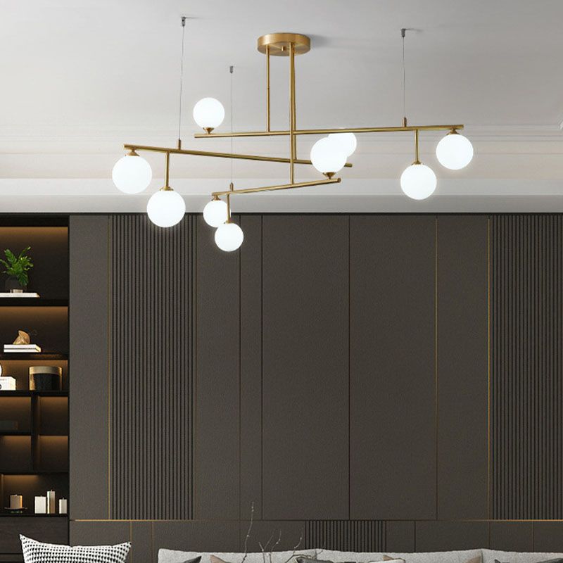 Modern Style Opal Glass Orb Shade Pendant Light Gold Living Room Chandelier