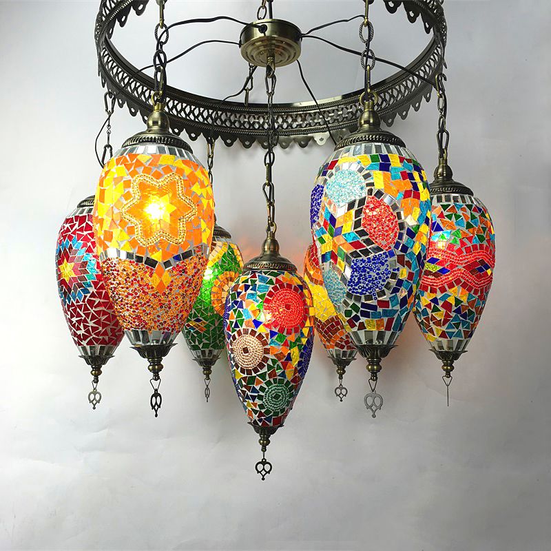 Traditionary 7 Heads Chandelier Lamp Bronze Teardrop Pendant Light with Colorful Glass Shade for Coffee House