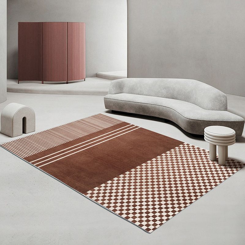 Brown Modern Rug Square Grid Rug Non-Slip Backing Rug for Living Room