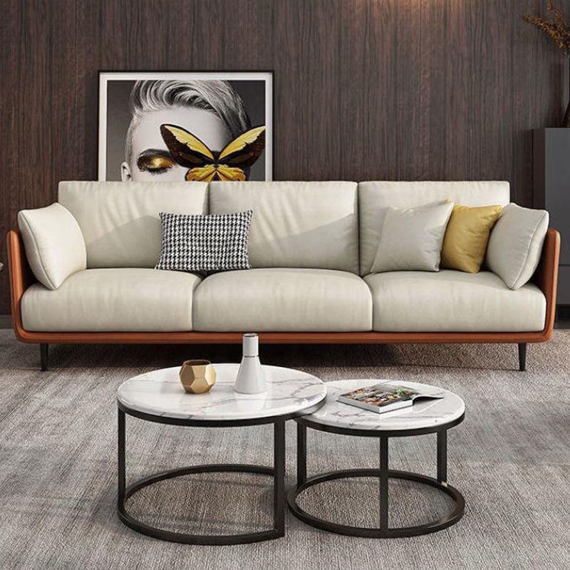 Imitation Leather Sofa with Pillow Back Square Armrest Latex Seat Filled with Wood