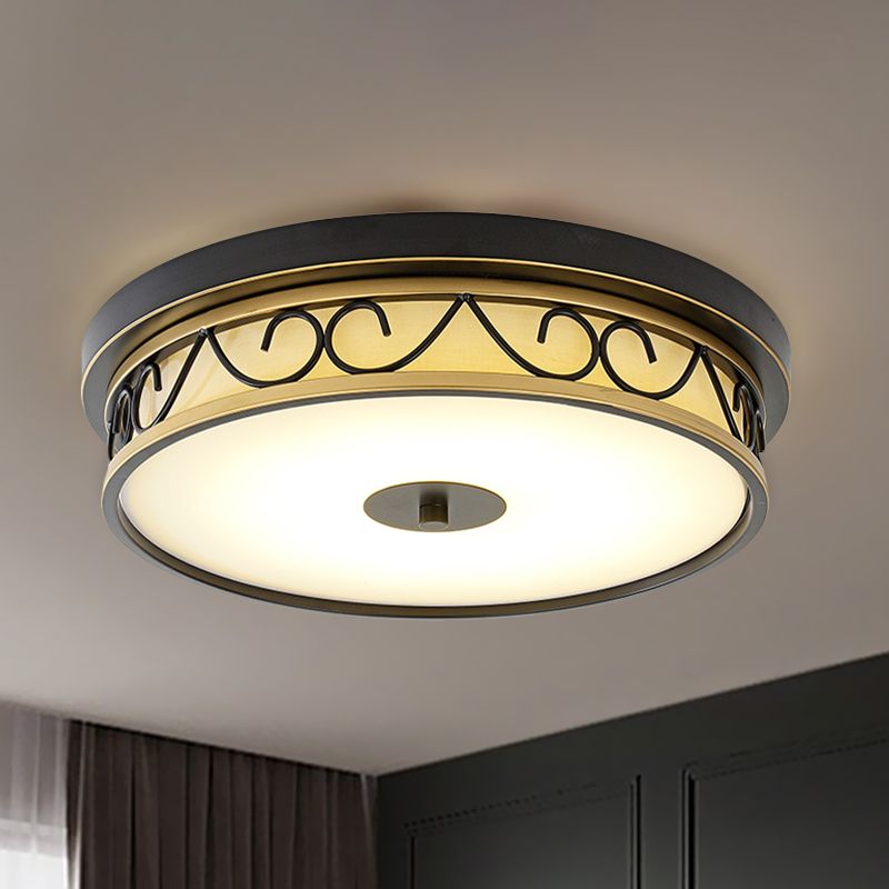 LED Drum Flush Mount Lamp Traditional Black Frosted Glass Ceiling Mounted Light for Living Room