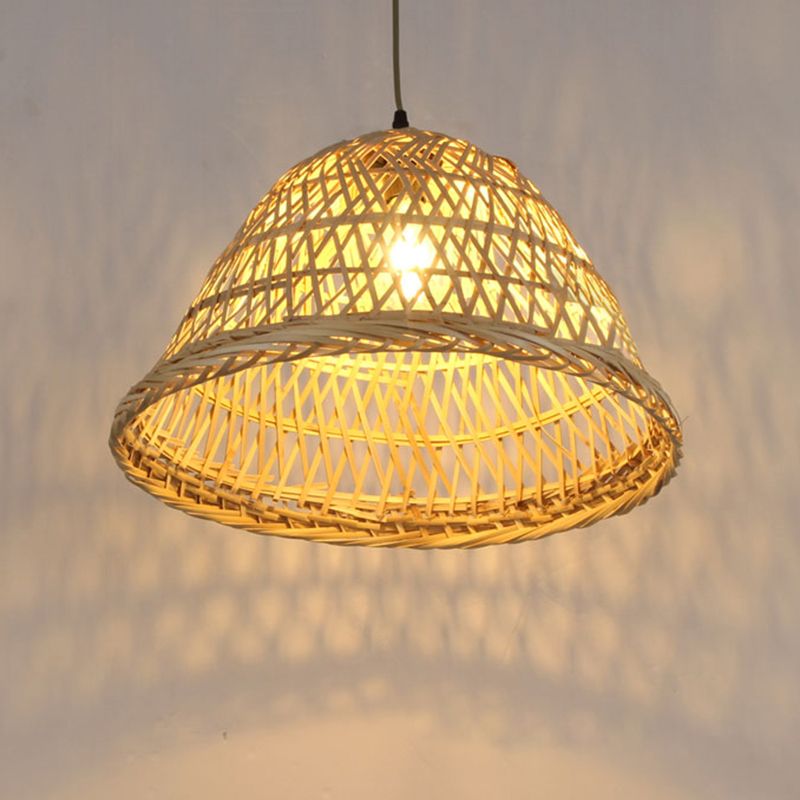 Beige Bell Shaped Pendant Lighting Nordic 1 Head Bamboo Hanging Ceiling Light for Dining Room