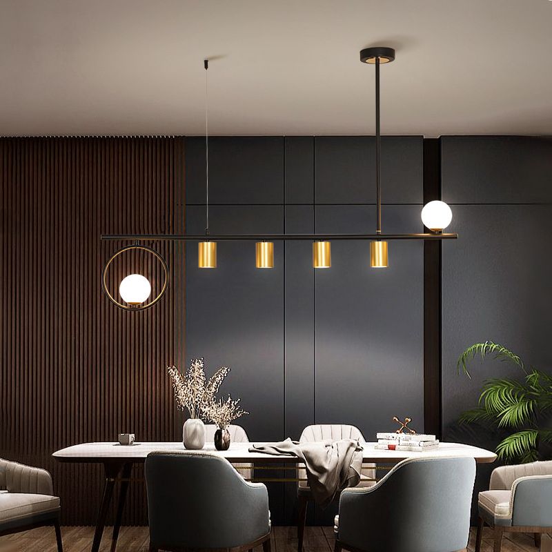 5 / 6 Light Ceiling Pendant in Black / Gold Finish Metal and Glass Kitchen Island Fixture