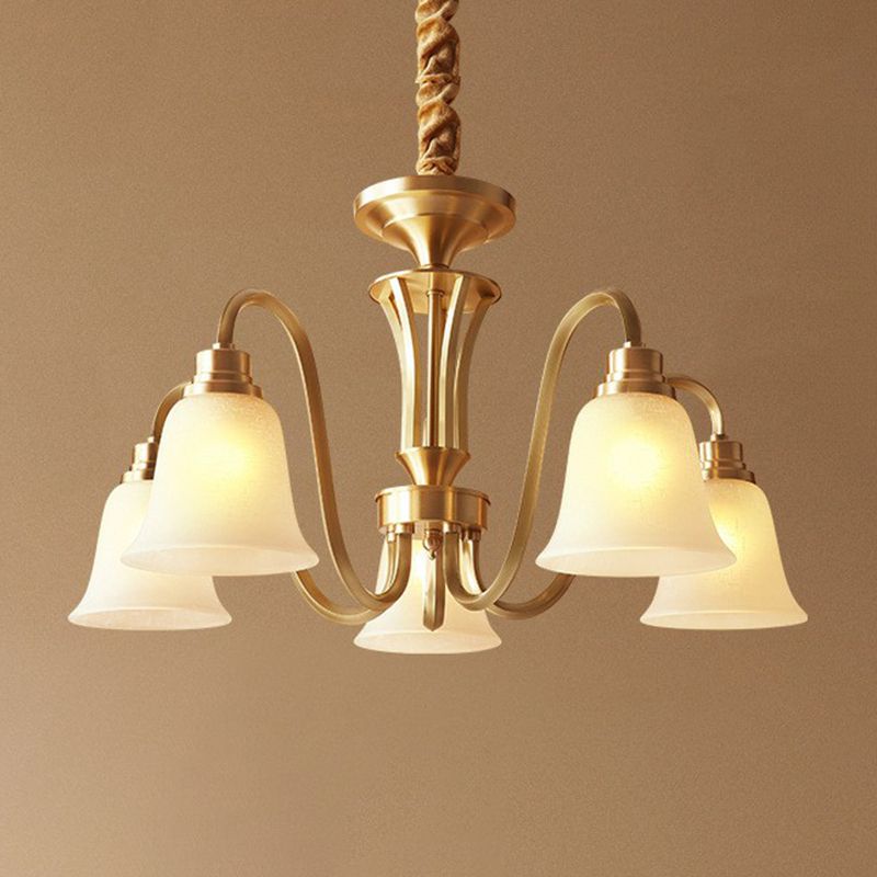 Traditional Flared Up Chandelier Semi-Opaque Glass Pendant Light Fixture in Brass
