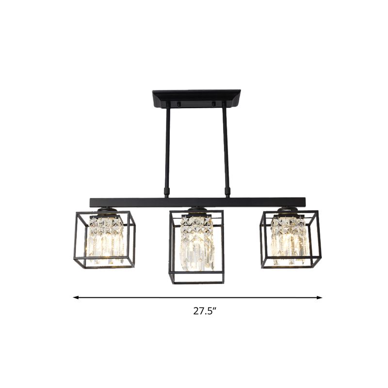 Tri-Sided Crystal Rod Black Hanging Ceiling Light Square 3/4 Heads Contemporary Island Lamp