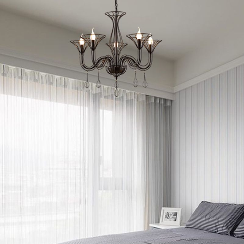 Dark Brown Scrolled Arm Pendant Lighting Classic Metal 5/6 Lights Living Room Chandelier