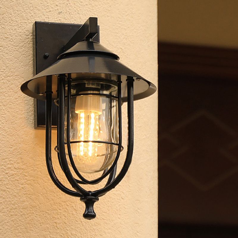 Caged Glass Wall Mounted Lighting Rustic 1 Bulb Outdoor Wall Sconce Light in Black