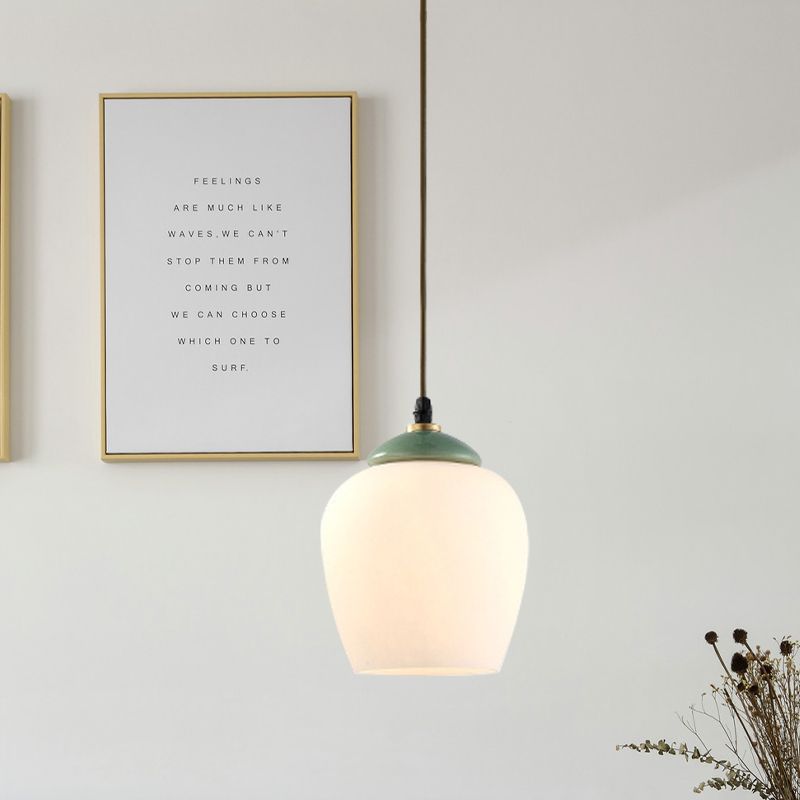 1 Light Tulip/Bell Pendant Lamp Traditional White Glass Hanging Light Fixture with Ceramic Top for Restaurant