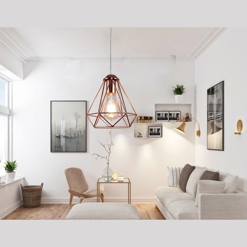 Electroplated Rose Gold Hanging Light Iron Cage Shade Industrial Style Single Bulb Lighting Fixture for Bedroom