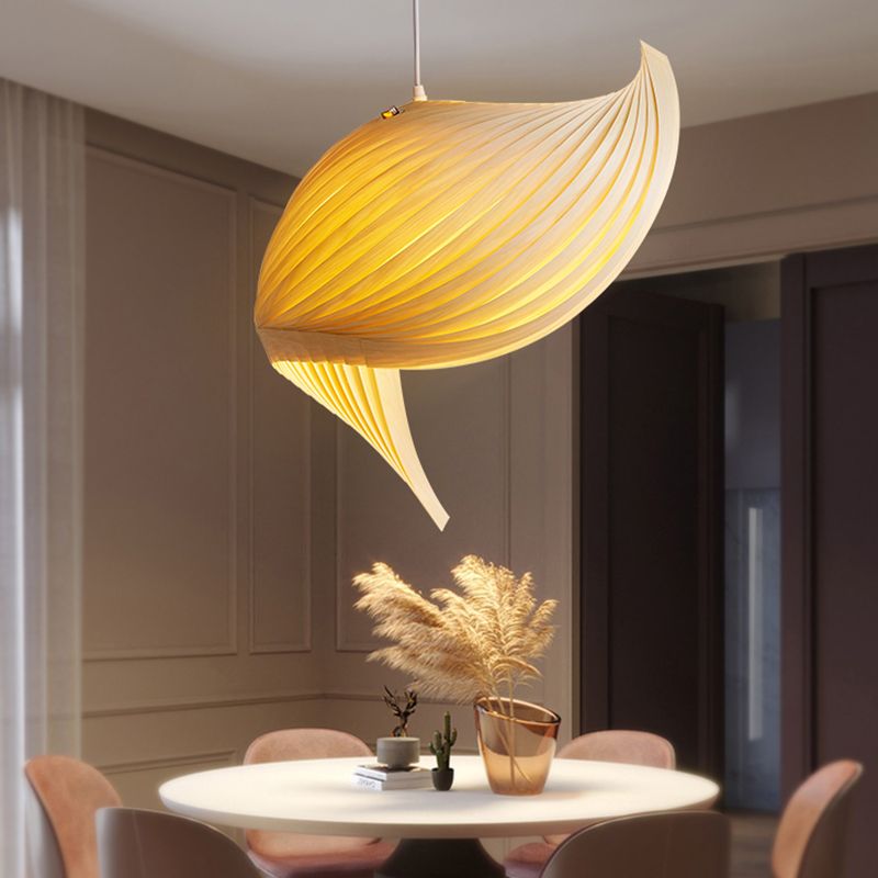 Artistic Shell Suspension Lamp Minimalist Natural Wood 1 Bulb Staircase Pendant Light