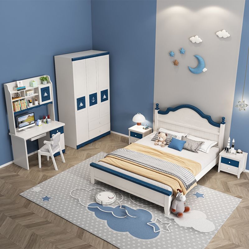 Contemporary Kids Bed White Solid Wood Panel Headboard Mattress with Drawers