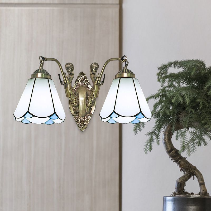 Mission Conic Wall Mount Lamp 2 Heads White/Beige Glass Sconce Light Fixture with Double Mermaid Arm
