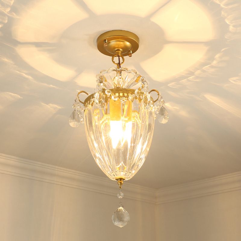 Gold 1 Bulb Semi Flush Ceiling Light Traditional Ribbed Crystal Bell Flush Mount Fixture