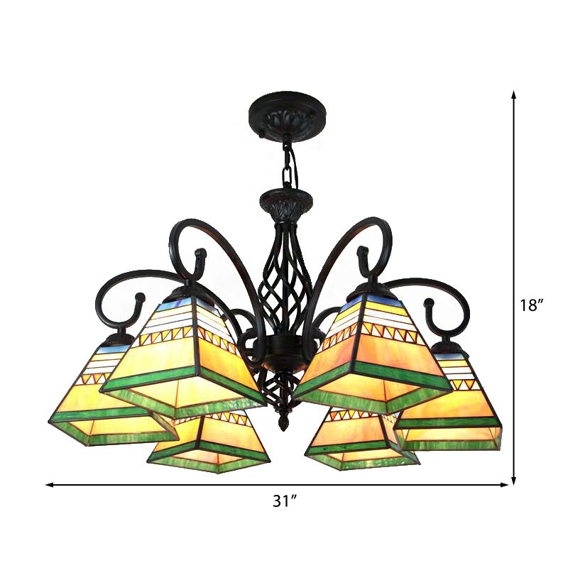 Pyramid Pendant Lighting 6 Lights Mission Style Stained Glass Suspension Light for Living Room