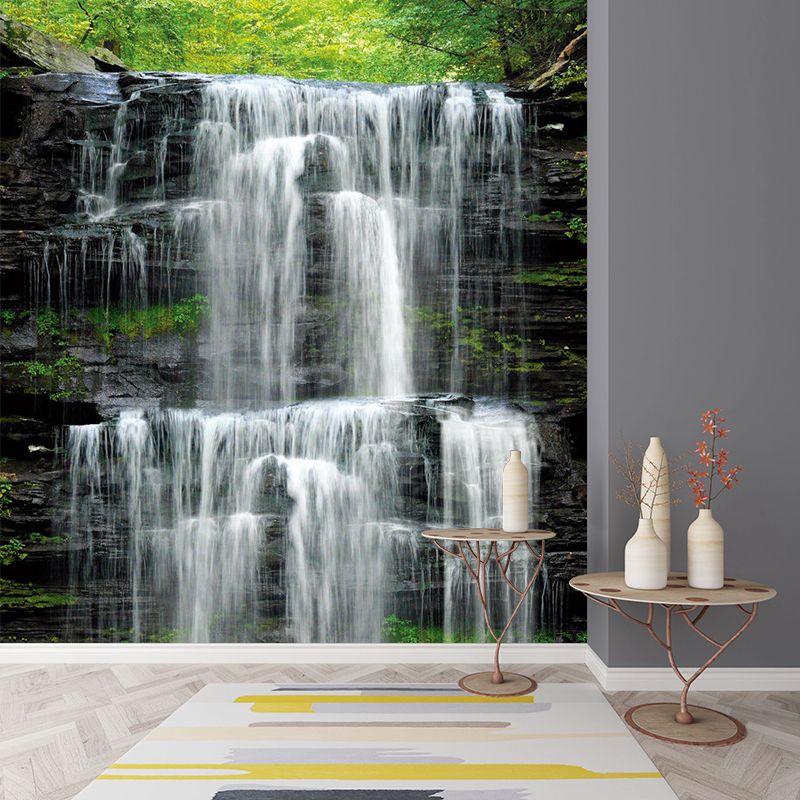 Customized Forest Scene Mural Wallpaper Modern Waterfall Wall Decor in Grey and Green