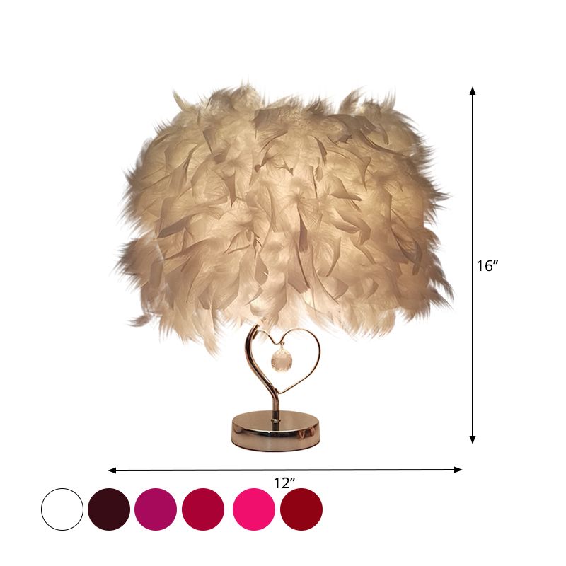 Modern Single Nightstand Lamp Red/White/Pink Bucket Shaped Table Light with Feather Shade and Crystal Drop