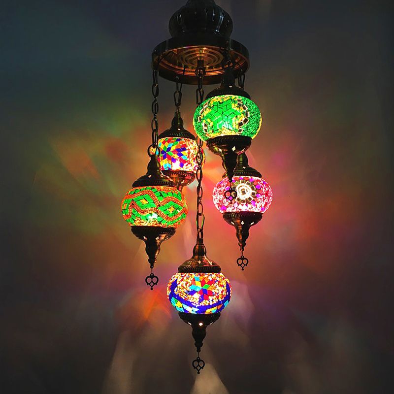 Oval Living Room Chandelier Lighting Traditional Stained Glass 5 Heads White/Orange/Blue Hanging Ceiling Light