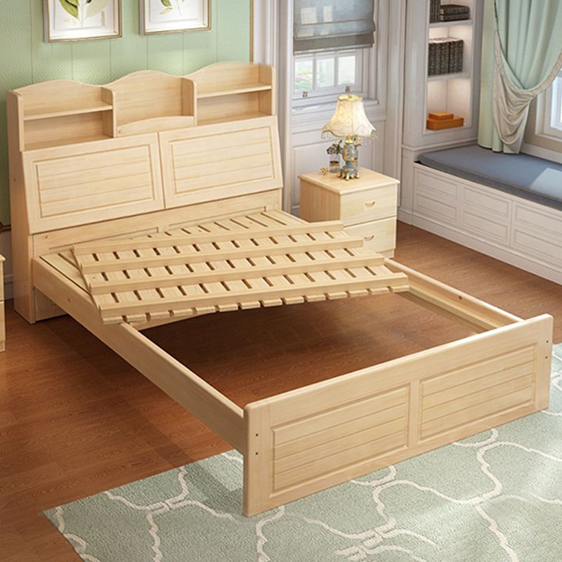 Solid Wood Bed Frame Headboard Standard Bed with Storage in Light Brone