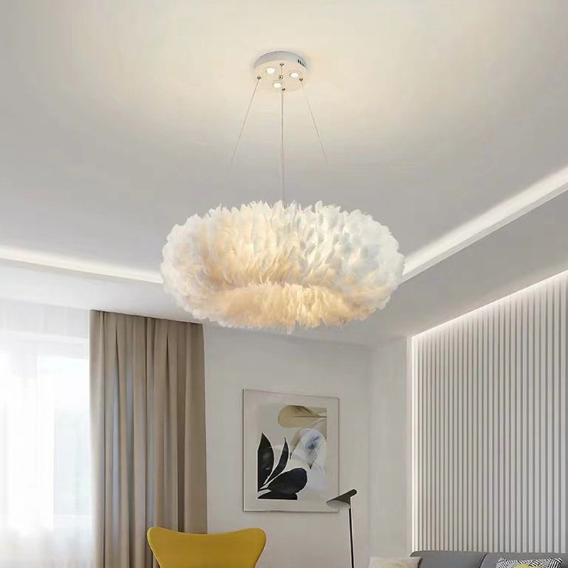 Feather Donut Chandelier Pendant Light Nordic Style White Pendant Lighting Fixture