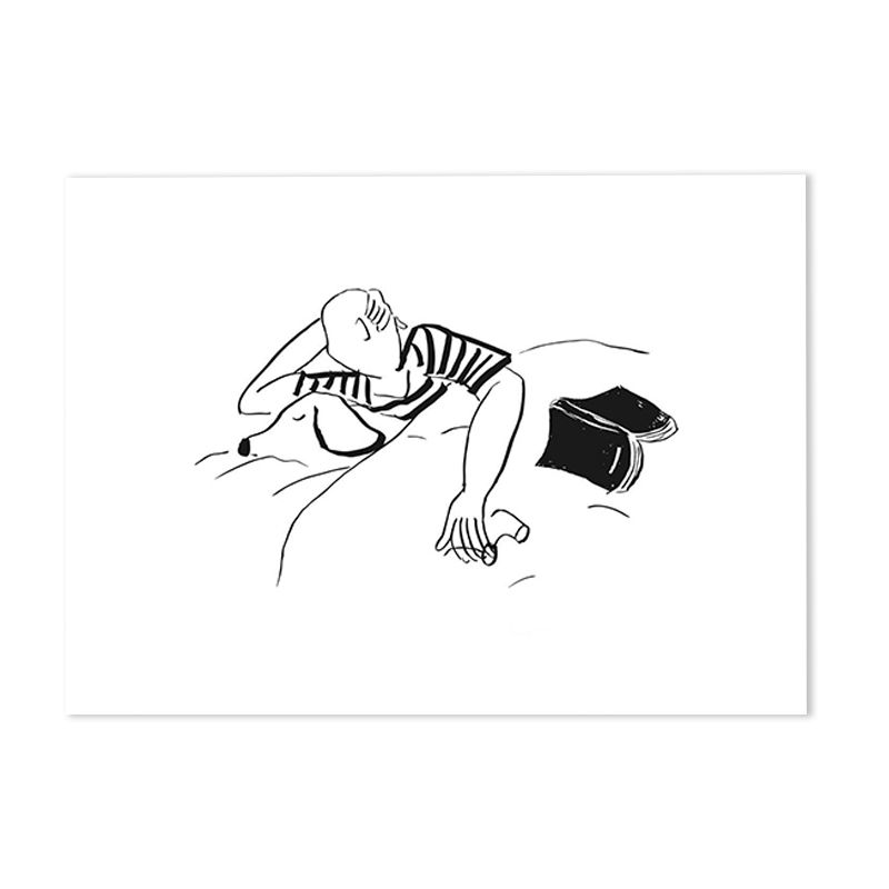 Minimalistic Canvas Art Black-White Man and His Dog Sleeping Pencil Drawing Wall Decor