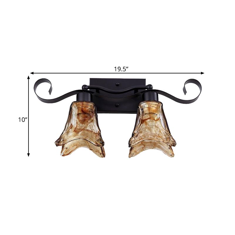 Tan Textured Glass Flower Shape Vanity Lighting Classic 2/3 Lights Bathroom Wall Mounted Lamp in Black