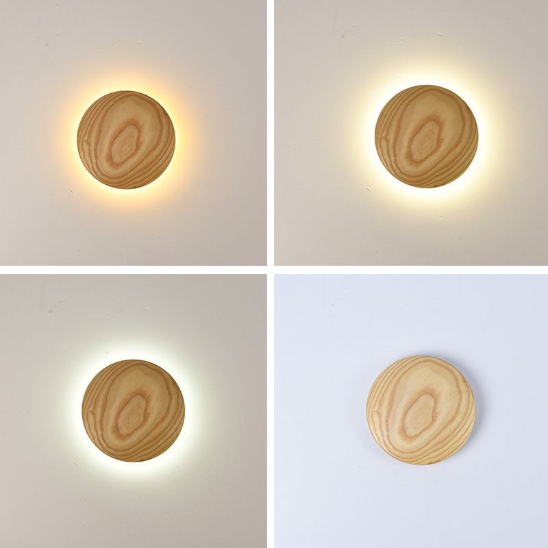 Atmosphere Circle Shape Wall Sconce Light Natural Oak LED Wall Lighting for Bedroom