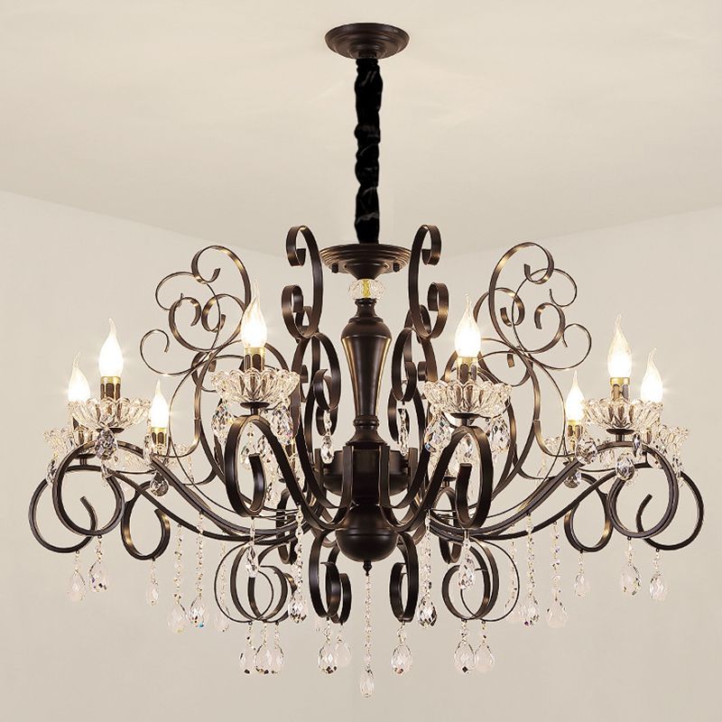 Black Chandelier Lamp Vintage Metal Candle Chandelier Lighting Fixtures with Crystal Drop