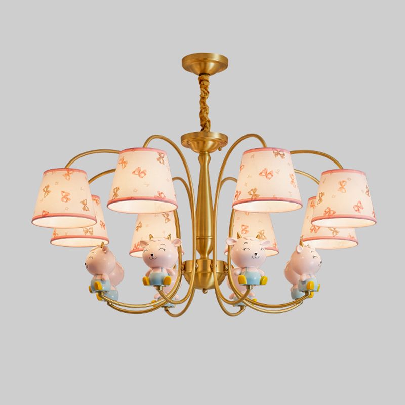Animal Nursery Ceiling Lighting Resin Childrens Chandelier Light Fixture with Tapered Fabric Shade in Gold