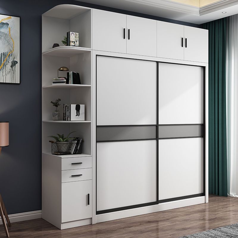 White Modern Wardrobe Armoire Engineered Wood Sliding Door Wardrobe with Drawer