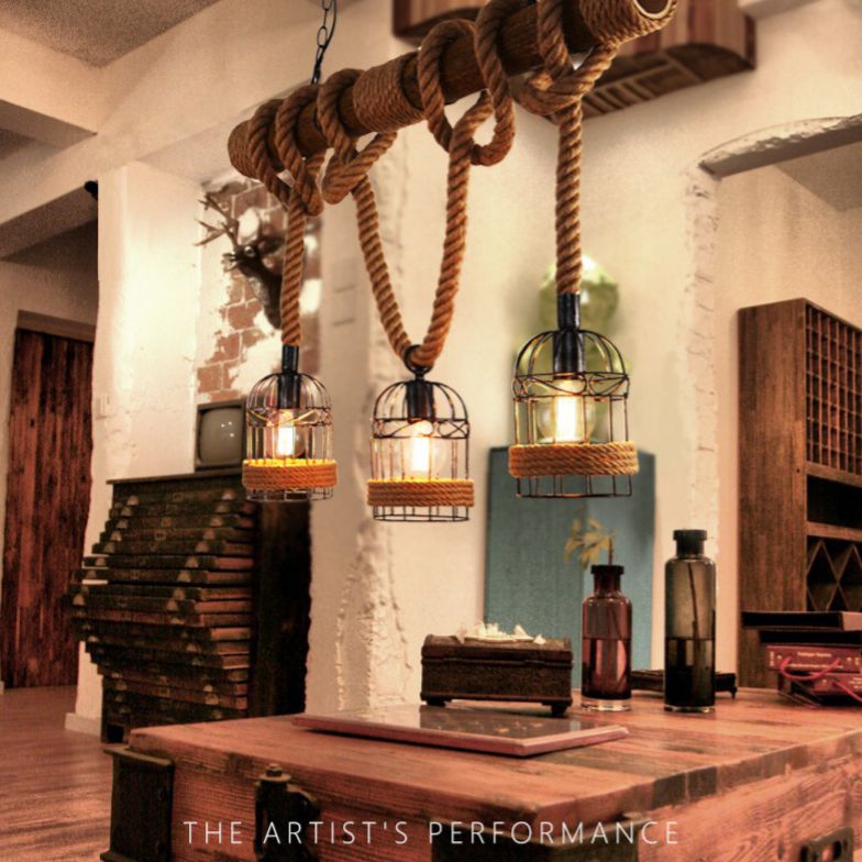 Rope Cage Shade Island Light Fixture Retro Style Restaurant Chandelier Light Fixture in Beige