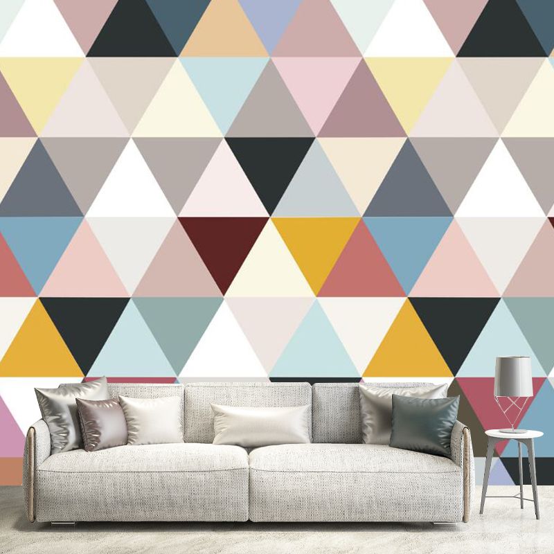 Whole Triangle Wall Murals for Bedroom Patchwork Wall Art in Blue-Pink-Yellow, Washable