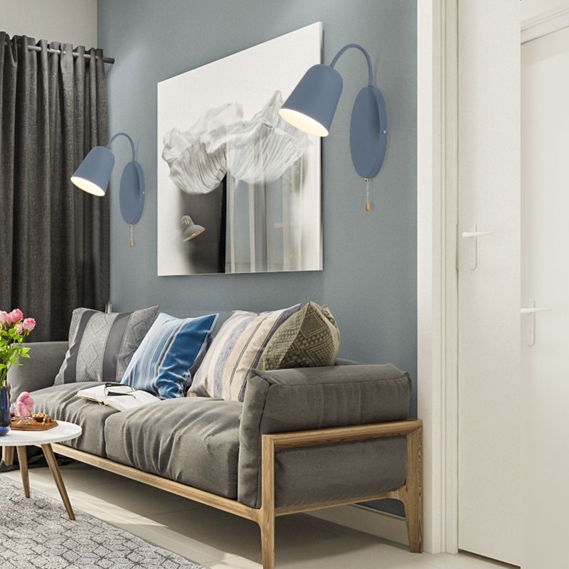 Modern Cone Sconce Light Fixture 1 Light Wall Mounted Lighting with Metal Shade and Pull Chain in Pink/Yellow/Blue/Green