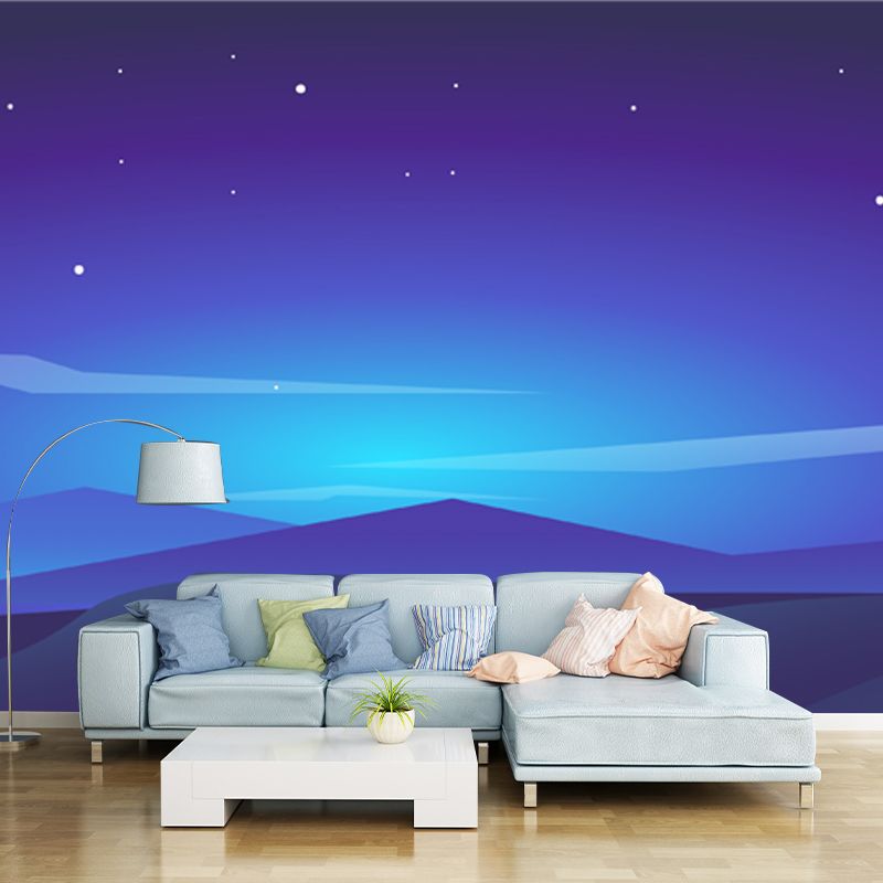 Nordic Night Scenery Murals Wallpaper Blue Moon and Polar Light Wall Covering for Accent Wall