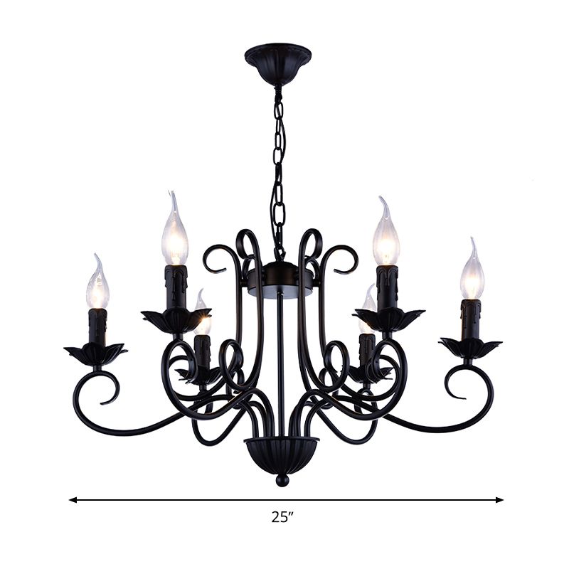Chandelier de plafond de bougie traditionnelle 6 têtes Kit de lumière suspendue en métal en noir pour le salon