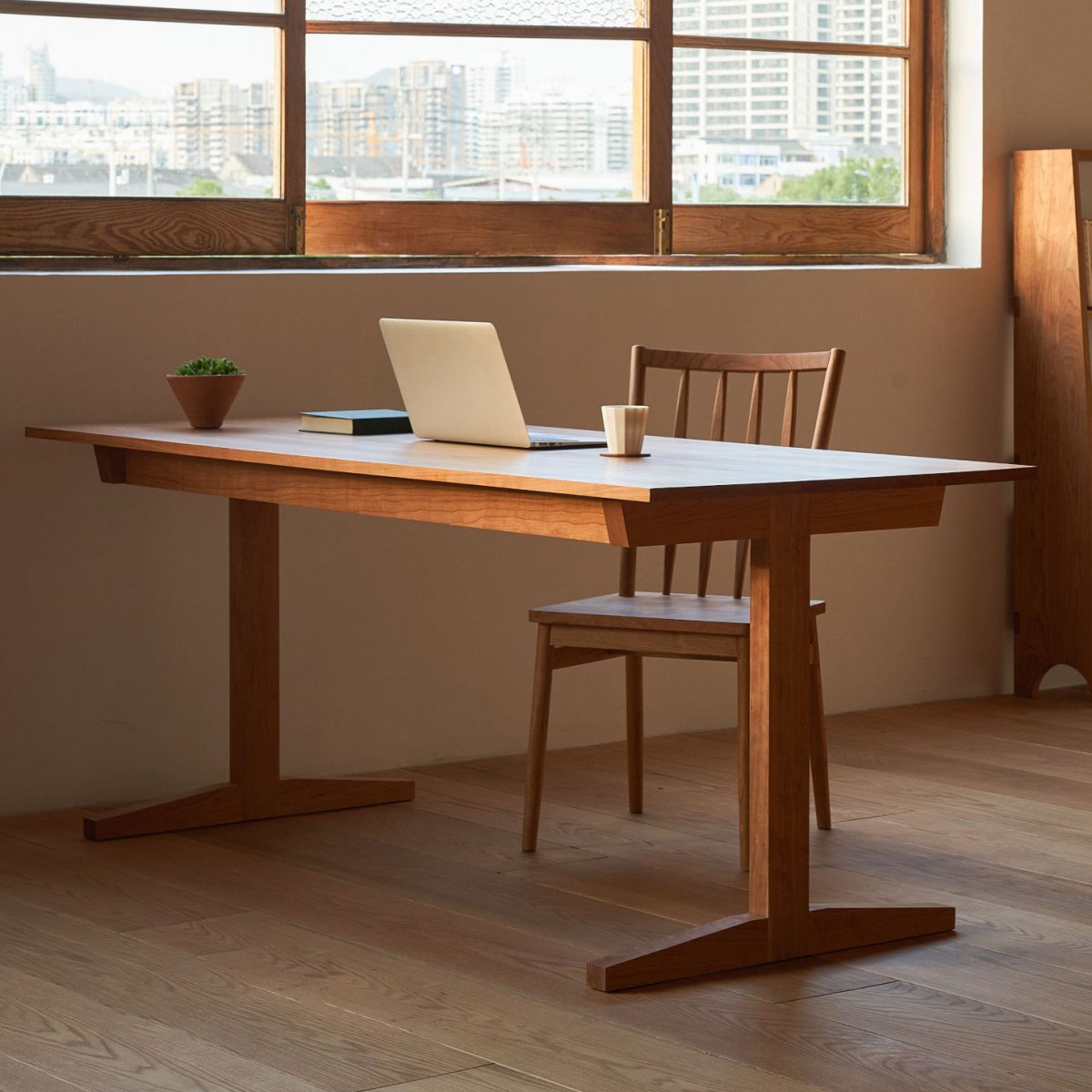 Modern Rectangle Wood Dining Table Cherry Wood Base for Dining Room