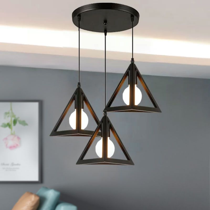 3 Heads Hanging Lamp Retro Industrial Triangle Metallic Pendant Lighting with Wire Guard and Linear/Round Canopy in Black/White