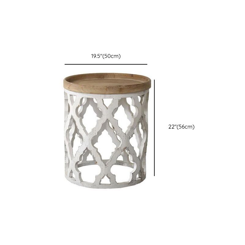 Rustic Drum Side Table Solid Wood Sofa Side Accent Table in Distressed White