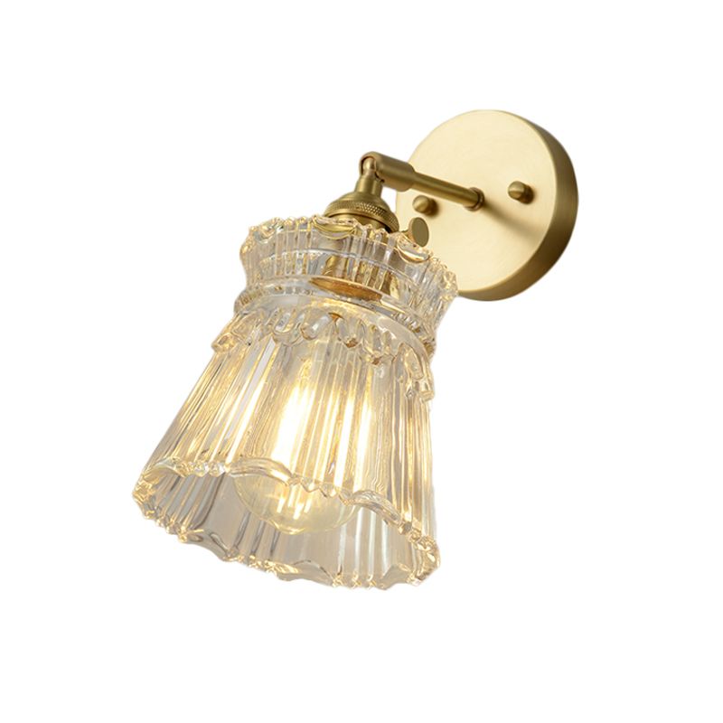 Conical Rotating Wall Light Kit Postmodern Clear Ribbed/Grid Glass 1 Light Gold Wall Mounted Lamp
