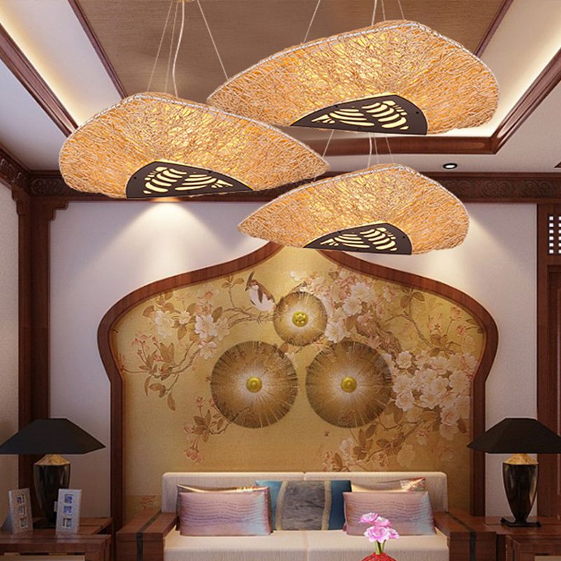 Hand-Worked Ceiling Chandelier Japanese Bamboo 3 Heads Hanging Pendant Light in Beige