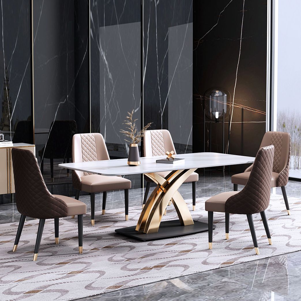Minimalistischer Esszimmer Set rechteckig gesinterte Stein Esstisch mit Metallbasis