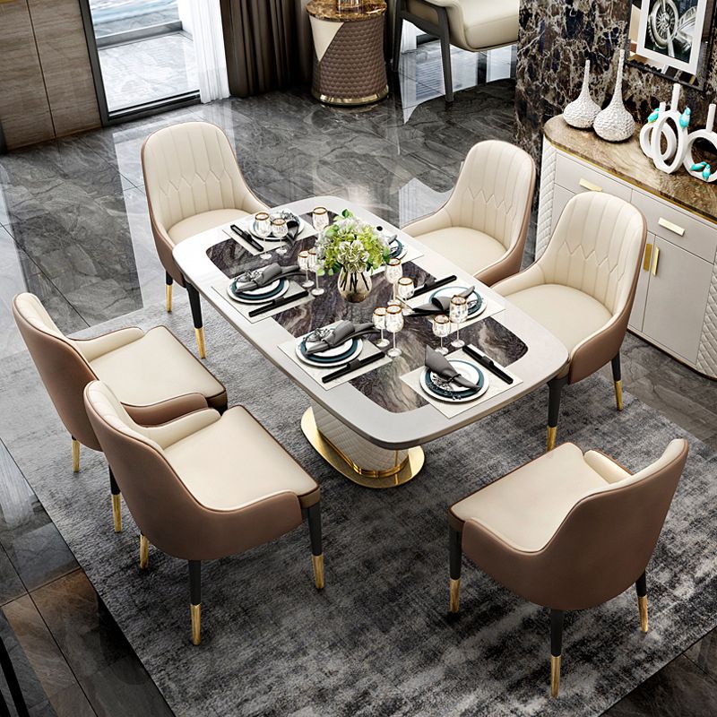 Glam Marble Rectangle Shape Dining Table Standard Kitchen Dining Table with Pedestal Base