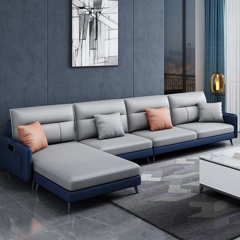 4-seat Sewn Pillow Back Sofa & Chaise Faux Leather Retro Sofa