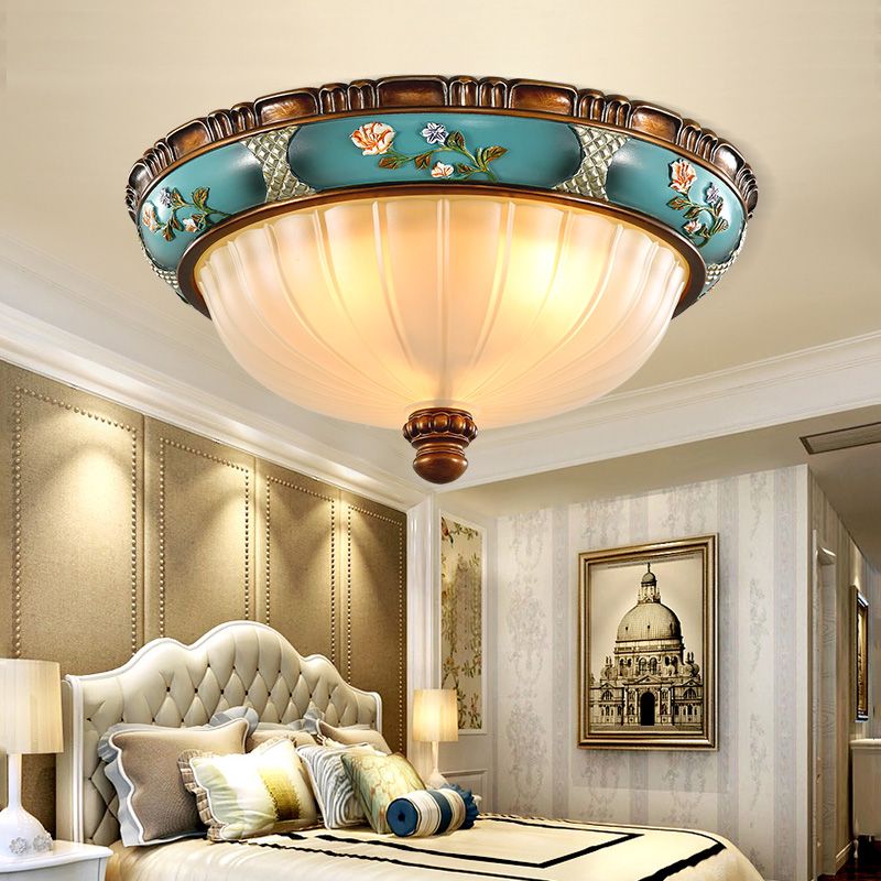 Country Style Domed Ceiling Light White Glass Flush Mount Lighting Fixture