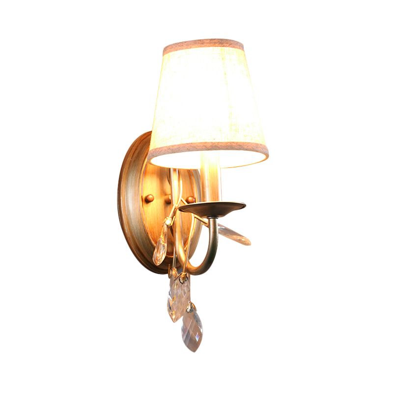 Gold Cone Wall Mounted Lighting Contemporary Fabric Shade 1/2-Bulb Sconce Light Fixture with Crystal Drop