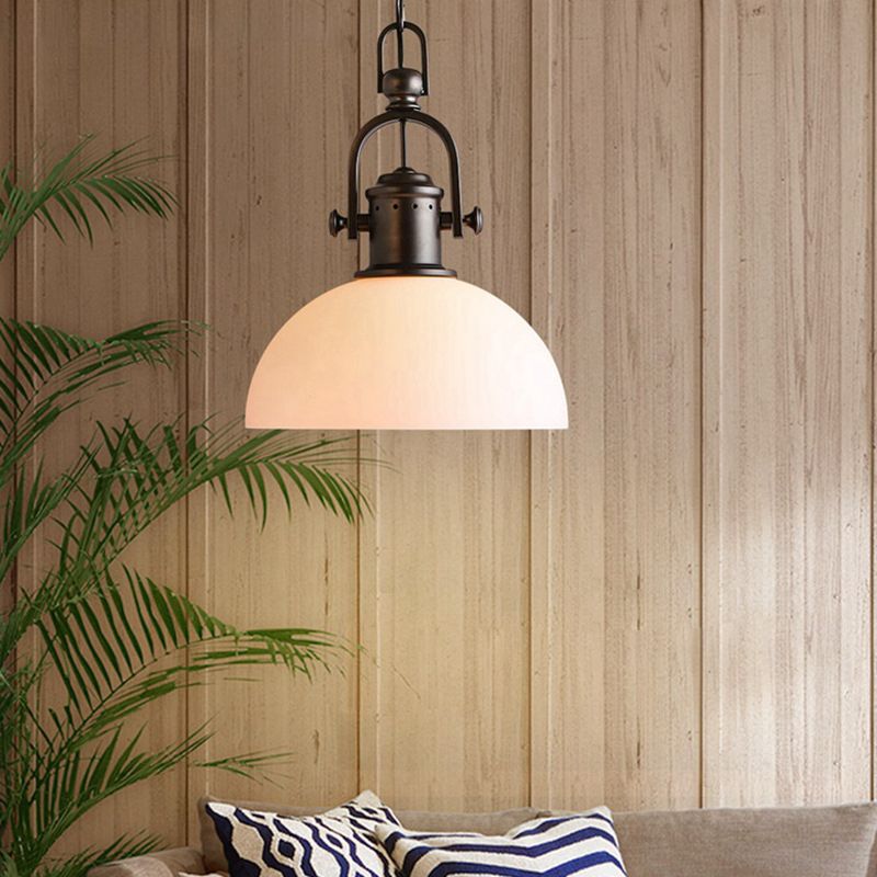 Wrought Iron Single Hanging Light in Industrial Retro Style Dome Glass Ceiling Light for Dining Room