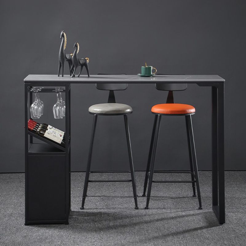 Contemporary Bar Dining Table Rectangle Bar Table Metal Base with Shelves in Grey