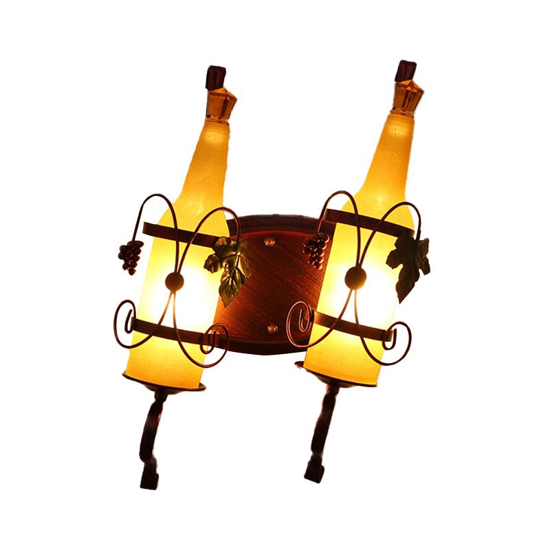 Art Deco Bottle Wall Mount Lighting 2 Bulbs Yellow/Yellow and Green/Red and White Glass Wall Sconce Lamp in Copper with Wine Rack Backplate