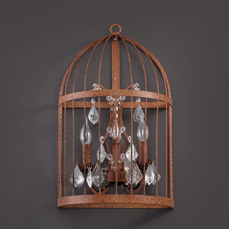 Birdcage Living Room Wall Sconce Industrial Clear Crystal Glass 2 Heads Rust Wall Lighting Fixture