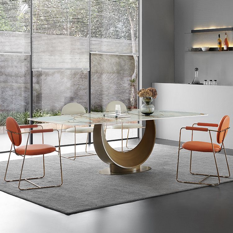 Mesa de comedor rectangular de lujo tradicional de metal Mesa de comedor de piedra sinterizada con pedestal