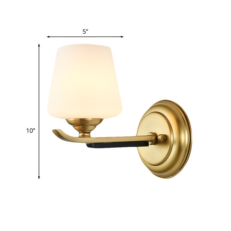 1/2-Head Up Sconce Lighting Traditional Indoor Wall Mounted Lamp with Cone Opal Glass Shade in Brass